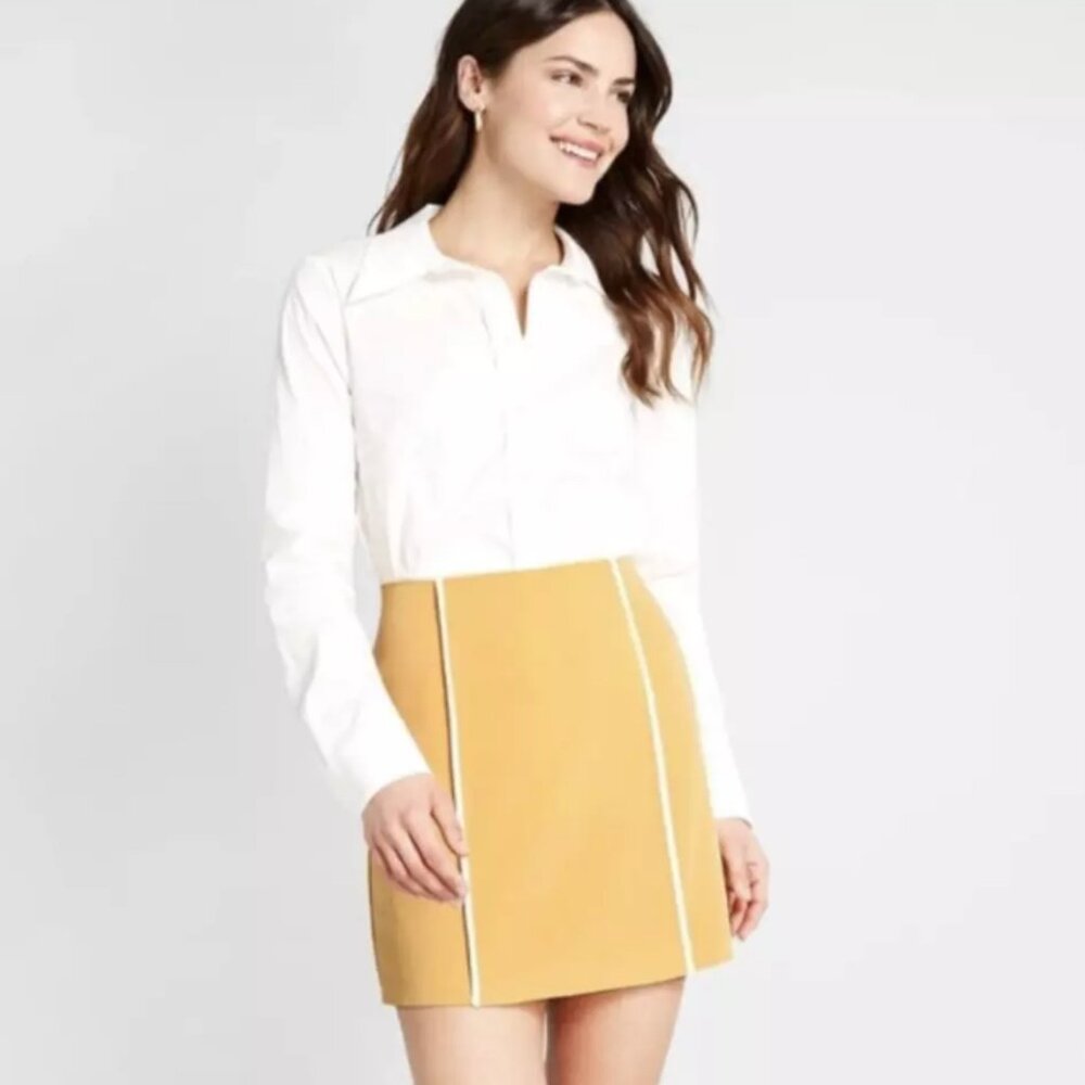 Modcloth Pencil Skirt Womens 18 Yellow Mustard New Career Lightweight Ivory Trim